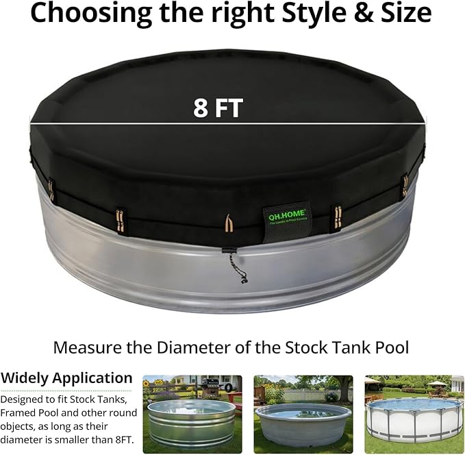 QH.HOME 550D 8Ft Round Stock Tank Pool Cover [Upgraded Tear Resistant & Threefold Windproor] wth Pre-Installed Patented Winch, Solar Cover for Above Ground Pool-Snug Fit & Waterproof Protection