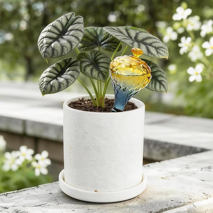 12 oz Plant Watering Globes, Yellow Glass Self Watering Bulbs Top Fill with Terracotta Spikes Stake, Self Watering Planter Insert Vacation Automatic Plant Waterer Device for Indoor & Outdoor 2Pack