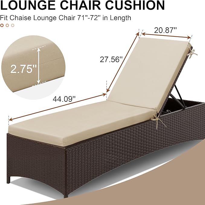 Crestlive Products Sunbrella Chaise Lounge Cushions Outdoor, Fade Resistant Water Resistant Lounge Chair Cushion, 72''L x 21''W, Canvas Antique Beige