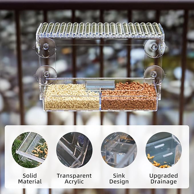 Window Bird Feeder with Strong Suction Cups – Flat-Tile Roof Acrylic Bird Feeder for Outdoors, Clear Viewing Box for Wild Birds & Cats, Easy-to-Clean, Large Capacity, Transparent Birdhouse Feeder