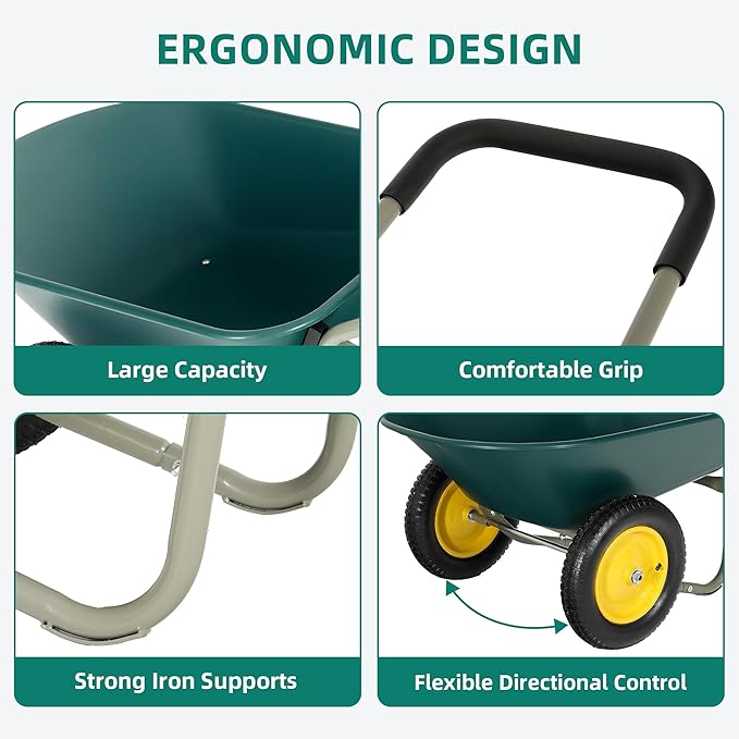 2 Wheel Wheelbarrow, Dual-Wheel Garden Dump Cart with 13" Non-Slip Pneumatic Tires & Ergonomic Padded Handle, Heavy-Duty Home Utility Yard Cart Wagon with 4.5 Cu Ft Capacity for Lawn, Gardening