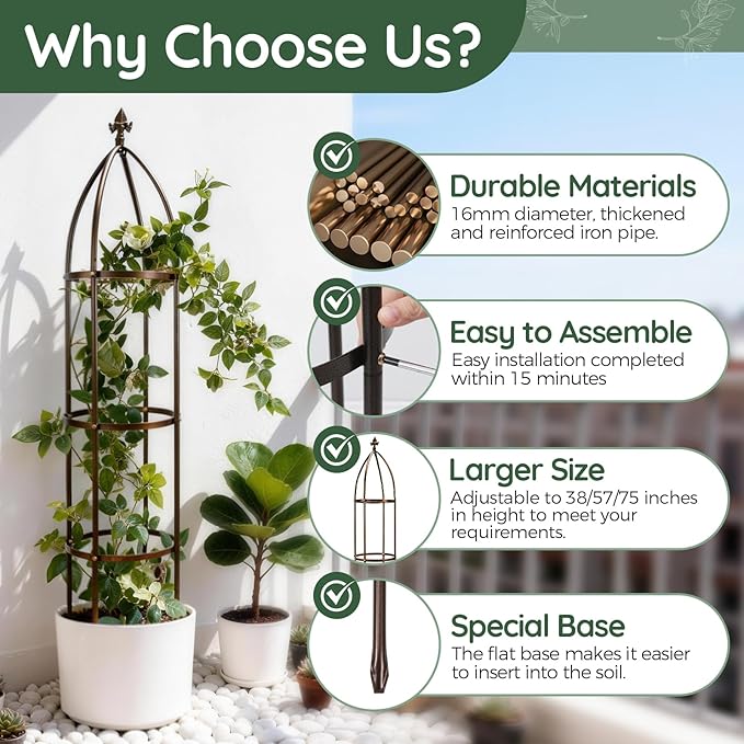 6.3Ft 100% Metal Garden Obelisk Trellis for Climbing Plants Outdoor, Rose Trellis for Potted Plants, Sturdy Garden Trellis for Climbing Vines, Vegetables, Flowers Stands, 1 Pack