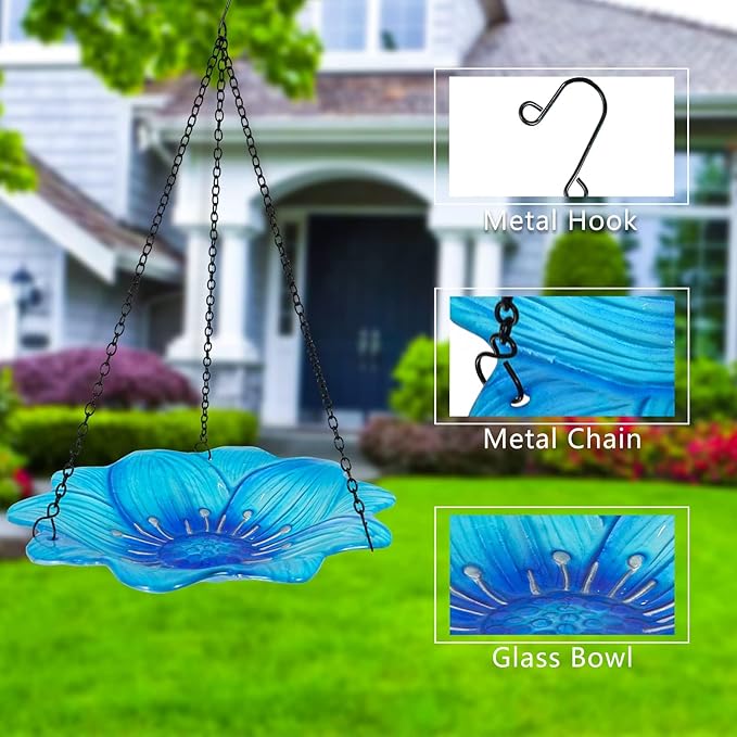 HONGLAND Bird Baths for Outside,10 Inch Small Blue Glass Birdbaths Outdoor,Detachable Bird Feeder with Metal HangingStake for Garden Yard Patio Decor,15" Height