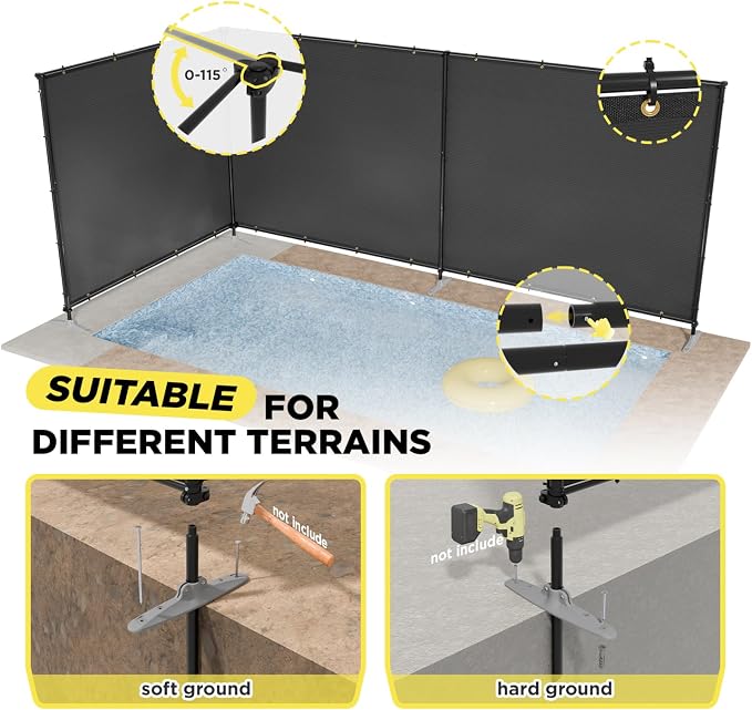 5' x 48' Black Outdoor Privacy Screen Freestanding 240 GSM Privacy Fence Panels for Outside, Pool Fences with Poles, Backyard Temporary Fencing, Privacy Wall Ground Pole Fence