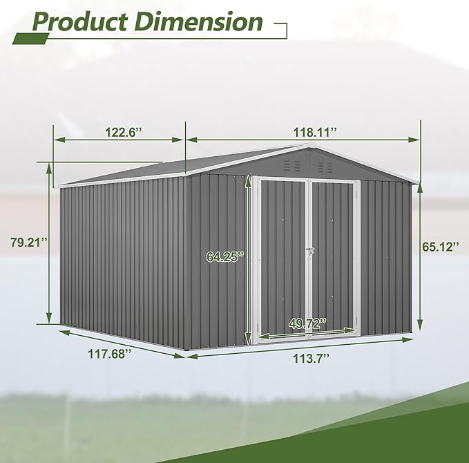 YOPTO 10×10 FT Outdoor Storage Shed,Metal Aluminum Waterproof Tool Sheds with Foundation,Doors & Vents,Heavy-Duty Sheds Unit W/Lock & Key,for Storing Bicycles,Lawnmowers,Barbeques,Gray