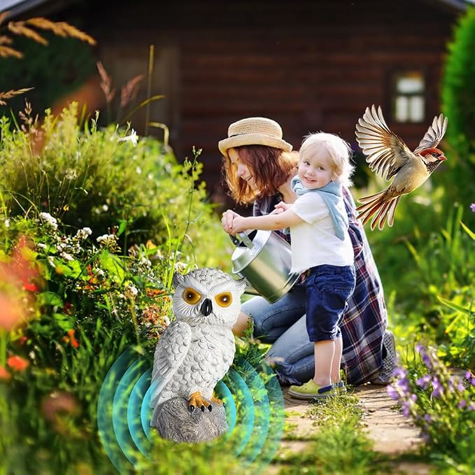 1 KINGO Fake Owl Decoy with LED Eyes & Ultrasonic Deterrent, Scarecrow Owl Decoys to Scare Birds Away, Bird Deterrents for Outside, Solar Powered Bird Repellent Devices Outdoor, Resin Garden Statues