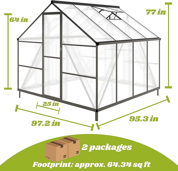 8x8 FT Greenhouse for Outdoors, Polycarbonate Greenhouse with Quick Setup Structure and Roof Vent, Aluminum Large Walk-in Green House for Outside Garden Backyard, Dark Gray