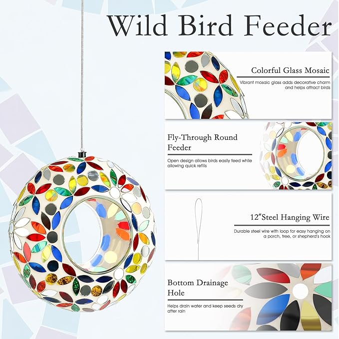 6 Inch Mosaic Glass Hanging Bird Feeder for Outdoors，Fly Through Bird Feeders for Wild Birds, Cute Seed Container with Round Shape for Backyard Window Garden Porch, Colorful Floral Mosaic