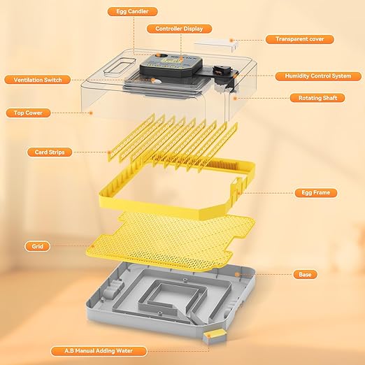 IBKINXX Incubator for Hatching Eggs-48 Egg Capacity, 2026 Newly Upraded Auto Egg Turner & Auto Precision Humidity Control System, 360° Clear Viewing for Chicken, Duck and Quail Eggs (Yellow)
