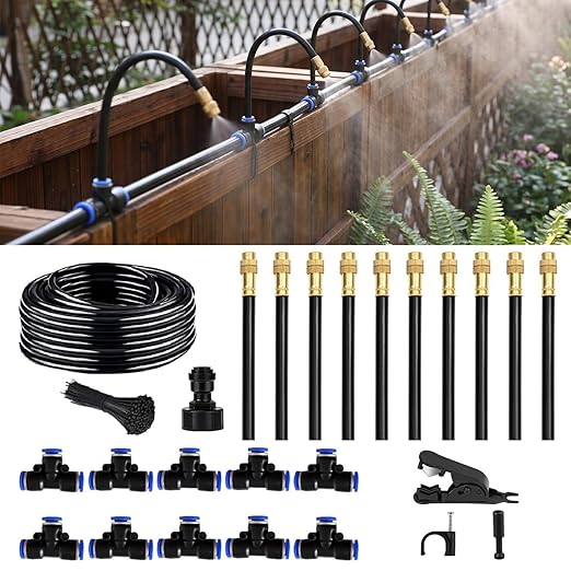 360° Adjustable Drip Irrigation System - Compatible 1/4" Irrigation System, 50FT Garden Watering Atomizing System with 15 Nozzles, Greenhouse Accessories for Yard, Lawn, Plants, Garden (33Ft)