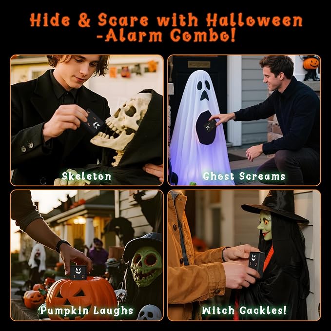 eMACROS 1/2 Mile Range Solar Driveway Alarm (Halloween Limited Edition), Halloween Decorations Motion Detector– Rechargeable Base Station with Spooky Halloween Music, Idea Gifts for Homeowners