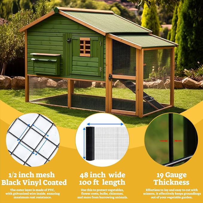 HORCH Black Hardware Cloth 1/2 inch 48x100 19-Gauge, Vinyl Coated Wire Mesh Roll, Chicken Wire Mesh, Tree Guard, Gopher Wire, Rodent Mesh, Chicken Wire Fencing, Garden Fence