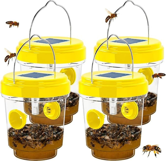 Wasp Traps Outdoor Hanging, Solar Bee Trap for Outside, Reusable Solar Powered Hornet Traps, Bee Wasp Catcher Outside Garden 4 Packs
