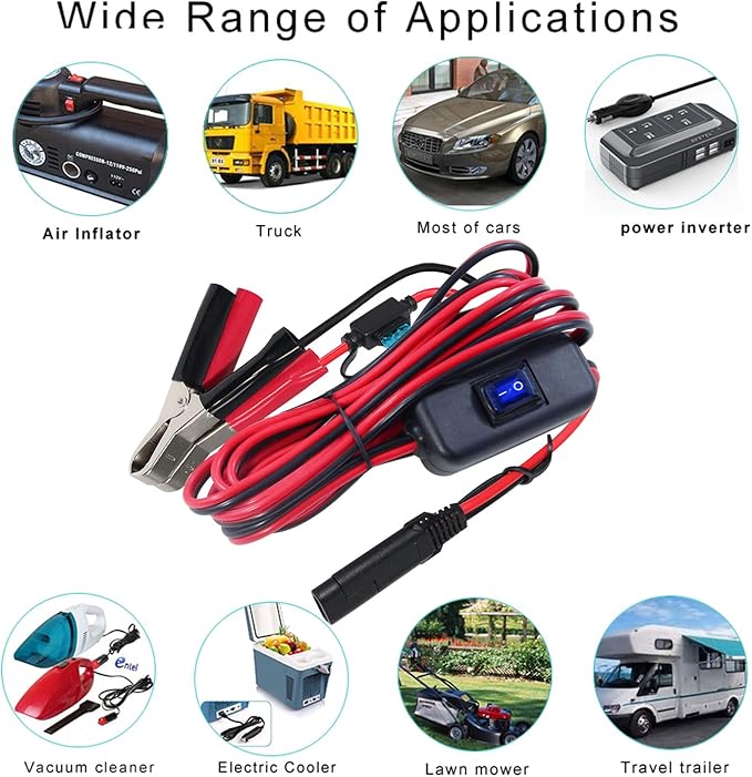 SAE to Battery Alligator Clip - 12V SAE 2Pin Quick Disconnect Cable 10ft SAE to Battery Clamp Cord 15A Fuse (10FT)