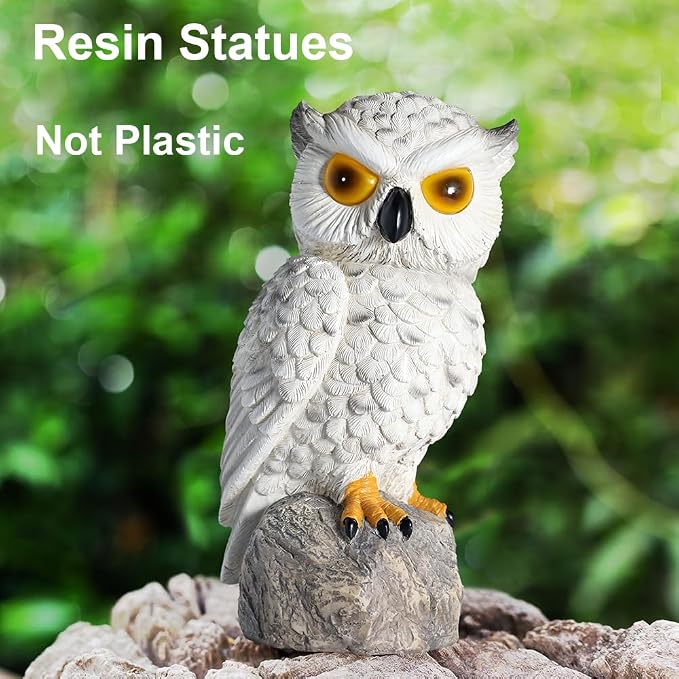 1 KINGO Fake Owl Decoy with LED Eyes & Ultrasonic Deterrent, Scarecrow Owl Decoys to Scare Birds Away, Bird Deterrents for Outside, Solar Powered Bird Repellent Devices Outdoor, Resin Garden Statues