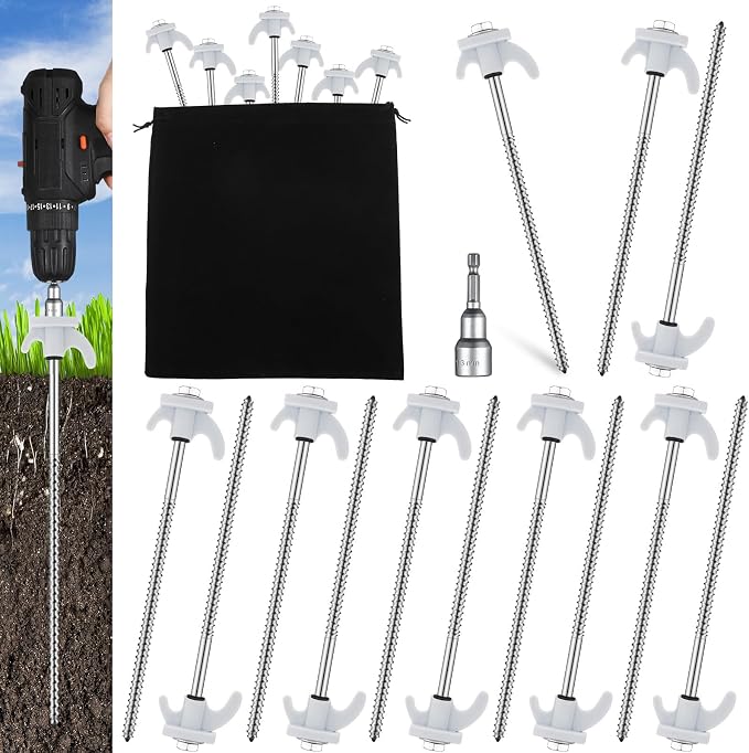 Yaocom 20 Pcs 8" Screw in Tent Stakes Heavy Duty Tent Stakes Drillable Ground Anchors Screw Metal Tent Pegs Threaded Tent Spikes with Head Driver for Swing Inflatable Decor (White)