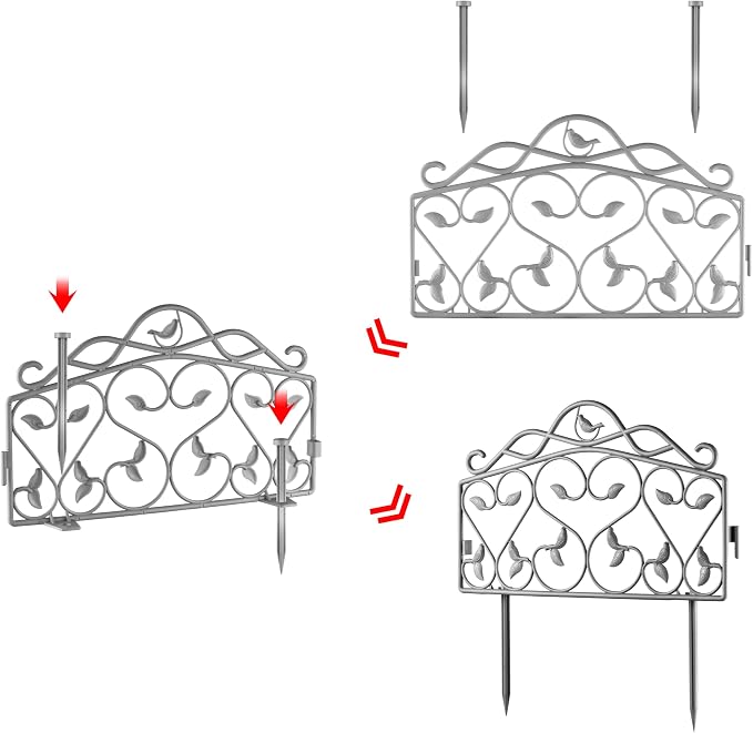 Evelyne Decorative Garden Border Plastic Edging – PP Plastic, Short Metal-Free Faux Wrought Iron Leaf & Bird Design, 16pcs Yard Landscaping Fence Liner Lawn Edge Barrier, 20ft Kit of Decorative Panels