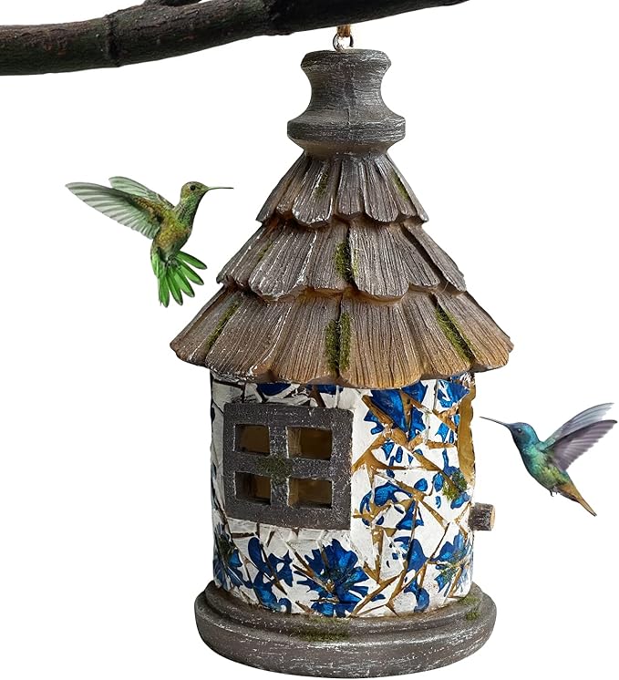 OUSHUAI Bird House for Outdoor with Pole Garden Decor Hanging Birdhouses Weatherproof BirdNest for Outside Bluebird, Finch, Wren, Chickadee, Wild Birds Big Size Resin White Bule