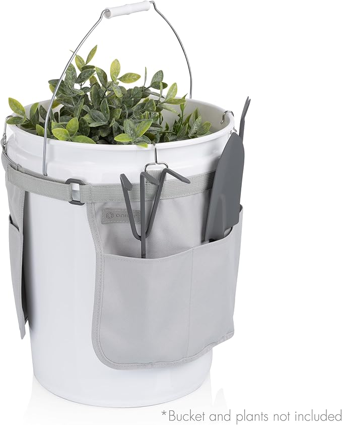 Picnic TIME Garden Bucket Tool Organizer, Gardening Tools Organizer Bag with Hooks to Attach to Bucket, Gardening Essentials and Gifts for Women and Men, Plant Lover Gifts for Gardeners (Fog Gray)
