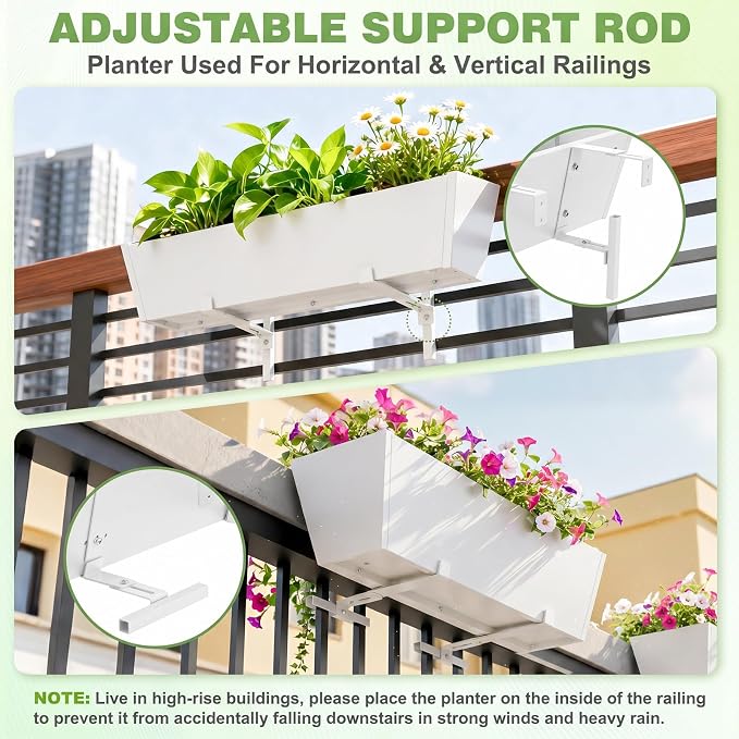 Railing Planter for Outdoor Plants 36'' Metal Hanging Flower Pot with Adjustable Brackets & Drainage Railing Planter Box Countryside Flower Plant Holder for Garden Yard Patio Balcony Deck Decor White