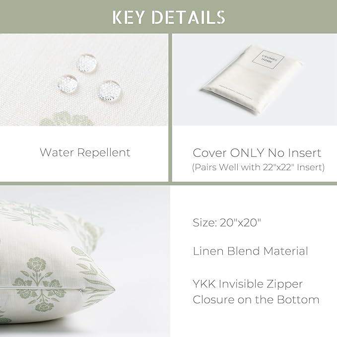 Crumbs Home Modern Farmhouse Fall Linen Indoor Outdoor Throw Pillow Cover Only, 20"x20" Water Repellent for Patio, Backyard, Couch, Light Green Neutral Floral