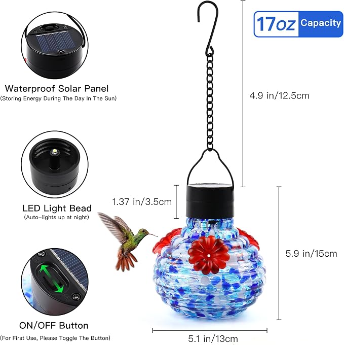 VOREEN Hand Blown Glass Solar Hummingbird Feeder, 17oz Waterproof Hanging Bird Feeder with LED Light, Easy to Clean, Durable Colorful Garden Decorative for Outdoor Yard Patio