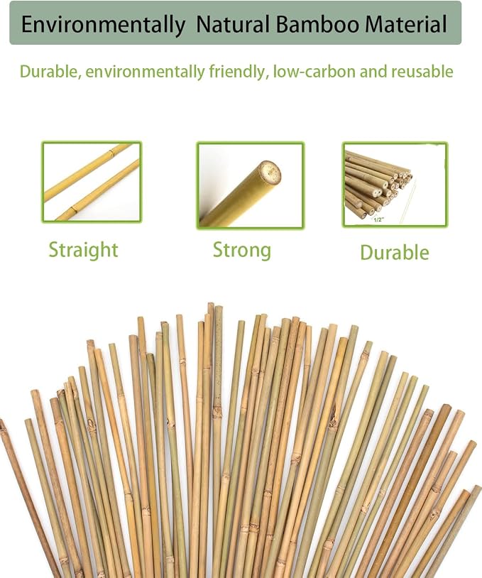 5 Ft Bamboo Stakes with 100 Twist Ties Natural Bamboo Garden Stakes for Tomatoes Cucumber Grapes Pole Beans Trees Potted Dahlia Flowers and Climbing Plants - Pack of 20 (58in, Approx 5FT)