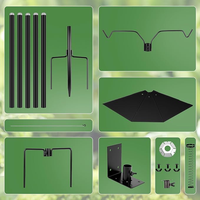 YINGYM Bird House Pole, 95 Inch Heavy Duty Bird Feeder Pole Mount Kit for Outdoors, Adjustable Feeding Stand, with 2-Hooks, Metal Squirrel Baffle and 5-Prong Base, for Birds Watching