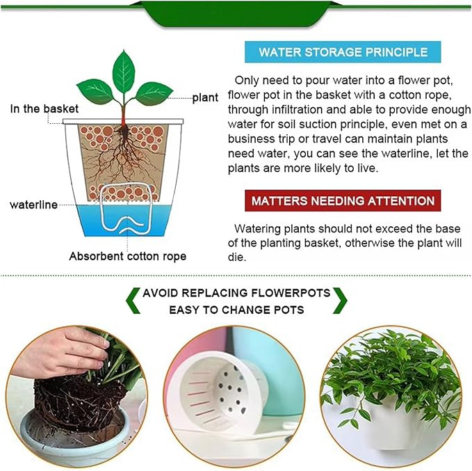 PP Plants Pots for Indoor Outdoor Gardening Hanging Self-Watering Flower Pots with Drainage Holes, Modern Planters for Houseplants Succulents Herbs (10, Medium)