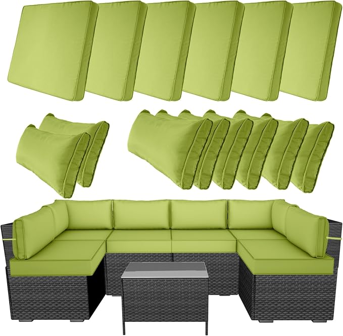 14 Piece Outdoor Patio Cushion Covers Replacement, Waterproof Outdoor Furniture Cushion Covers, Fit 7 Pcs 6 Seater Wicker Rattan Conversation Sofa Set,Grass Green(Only Cover) 25.6x25.6