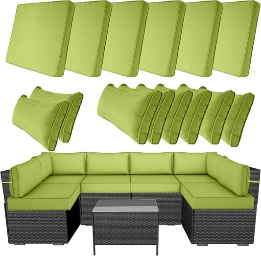 14 Piece Outdoor Patio Cushion Covers Replacement, Waterproof Outdoor Furniture Cushion Covers, Fit 7 Pcs 6 Seater Wicker Rattan Conversation Sofa Set,Grass Green(Only Cover) 25.6x25.6