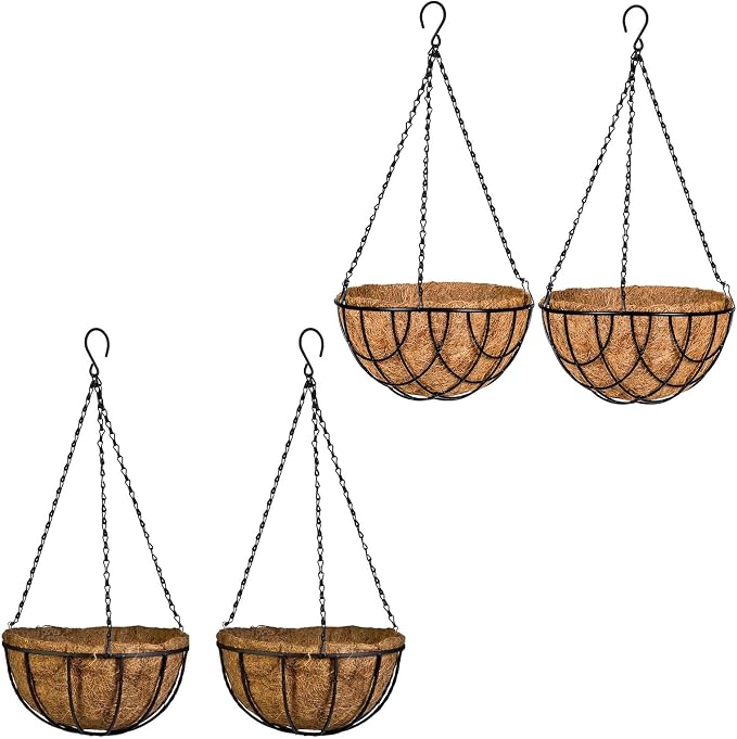Kingbuy 12 Inch Metal Hanging Planter Basket with Coconut Liner Wire Plant Holder Watering Flower Baskets Pot Hanger Garden Decoration for Indoor Outdoor, 4 Pack