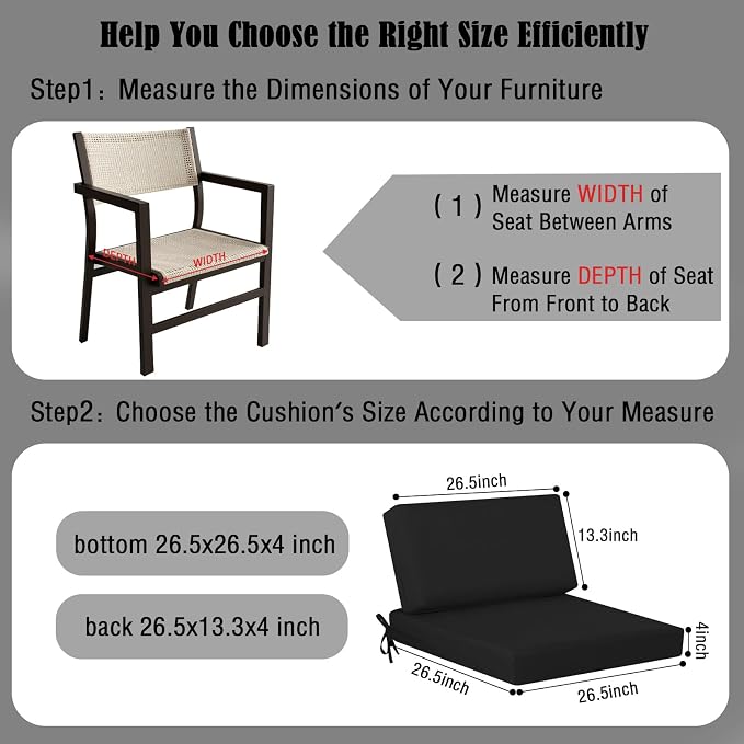 idee-home Outdoor Chair Cushions for Patio Furniture, Outdoor Seat Cushion | Waterproof Hampton Bay Deep Seat Replacement Couch Chair Cushions for Garden Backyard Black 26.5 x 26.5