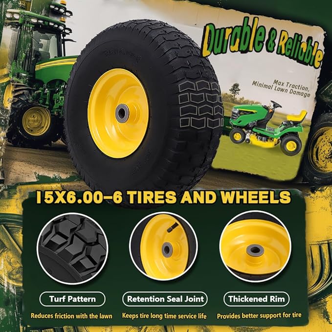 15x6.00-6 Tire and Wheel Assembly (2 Pack),Replacement Riding Lawn Mower Front Tires - With 3" Centered Hub and 3/4" Bushings (Extra 5/8" Bushings)