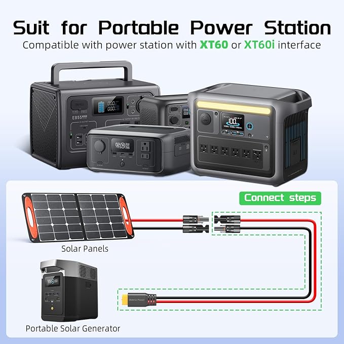Bateria Power Solar to XT60 Charge Extension Cable 10AWG 25Ft, Solar Connector to XT60 Adapter Cable for Solar Panel to LiFePO4 Battery RV Portable Power Station Solar Generator,10AWG 25Ft