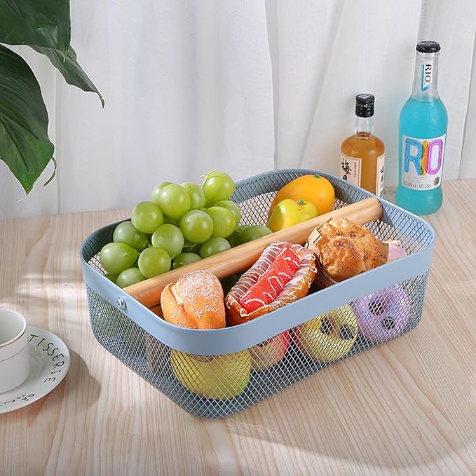 AJIODA Metal Mesh Steel Storage Basket, Garden Harvest Wire Organizer Basket Multi-functional Kitchen Fruit Basket with Wooden Removable Partition & Handle for Bathroom Picnic Decor Cabinet, Blue