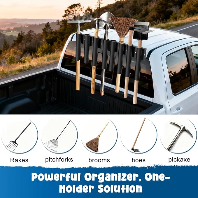 Shovel Holder for Truck, Heavy Duty 8-Hole Metal Shovel Storage Rack with Bolt-On Holes, Black Truck Box Tool Mount Rack Shovel Holder for Trimmers, Rakes, Hoes, Landscape Hand Tools Bed Mount