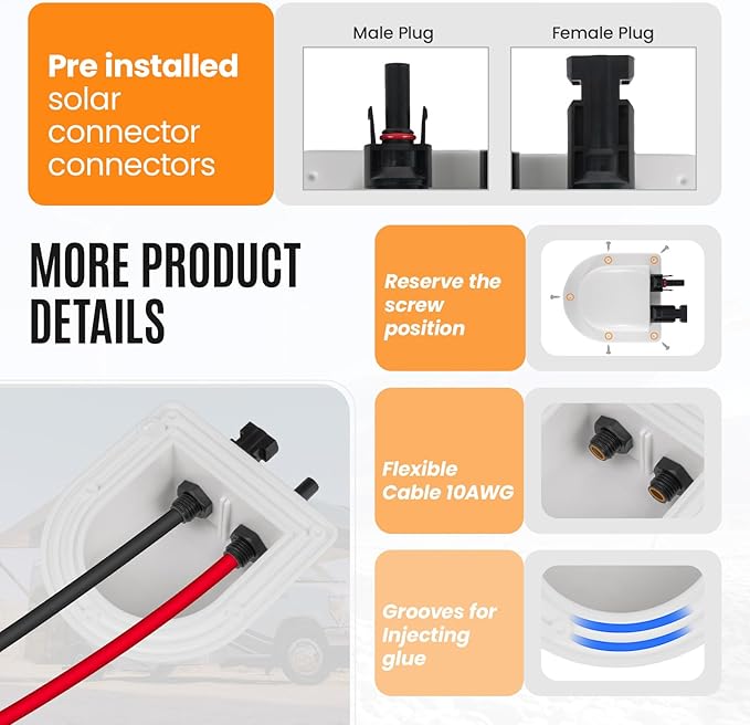Solar Cable Entry Gland with 10Awg Solar Cable and Solar Connector UV Resistance Dual Cable Entry Housing for Solar RV Boats Yacht Roofs (White 3FT)