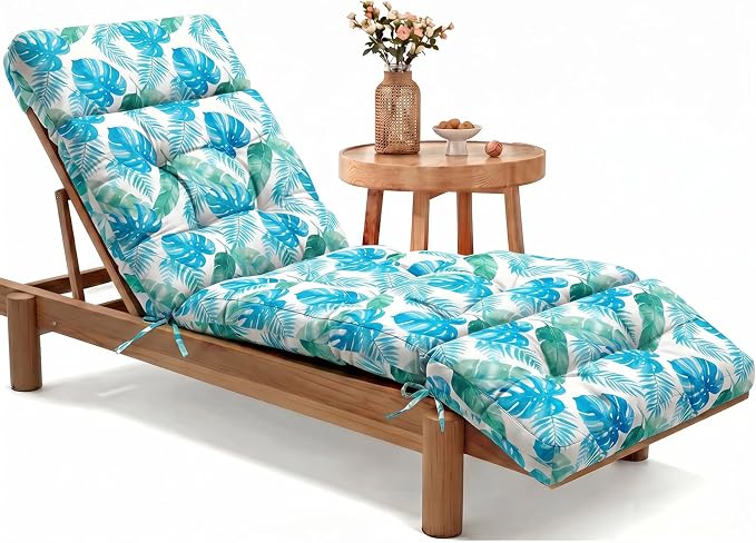 MAGIC ELEPHANT Chaise Lounge Cushion Outdoor, Memory Foam Patio Lounge Chair Cushion with Ties for Outdoor Furniture, 74 x 22 x 4 Inch (Aqua Monstera)
