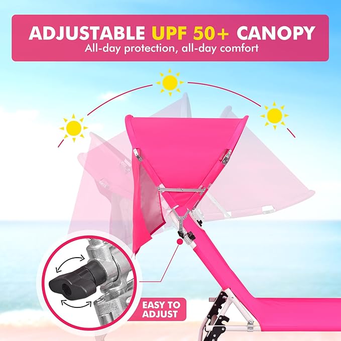 Tanning Chair with Sun Canopy Face Hole Softer Padded Adjustable Washable, Heavy Duty Layout Folding Lounge Chair for Adults Outside Beach Reading Sunbathing Poolside, UPF 50+ Sun Shade, Pink, 300 LBS