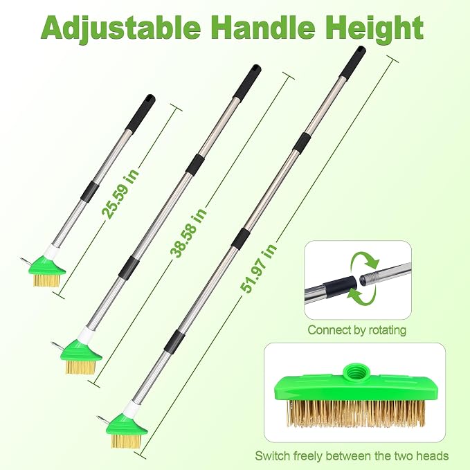 3-in-1 Crack Weeder Tool, Adjustable Long Handle Moss Remover with Wire Brush & Scraper, Stainless Steel Crevice Weeding Puller for Sidewalk, Driveway, Patio, Pavers, Garden