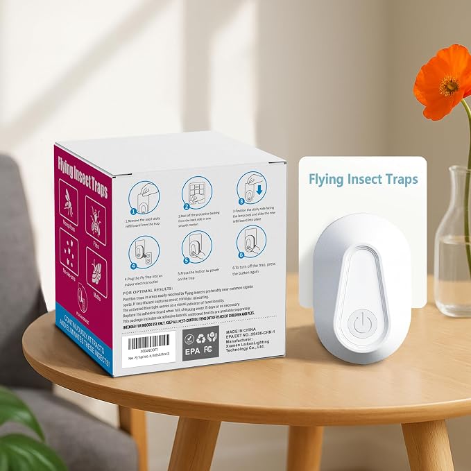 Indoor Fly Trap Fruit Fly and Gnat Trap with 2 Traps and 6 Sticky Refills Plug-in Device Flying Insect Catcher for Mosquitoes, Moths, and Household Flying Bugs (2, White)