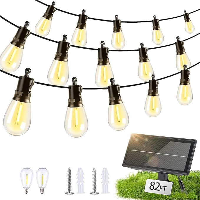 Solar Lights Outdoor Patio Lights: S14 25M 82FT Solar Powered 3 Light Modes Solar Waterproof Light - Shatterproof Bulbs - Camping Backyard Garden Deck Outside Yard