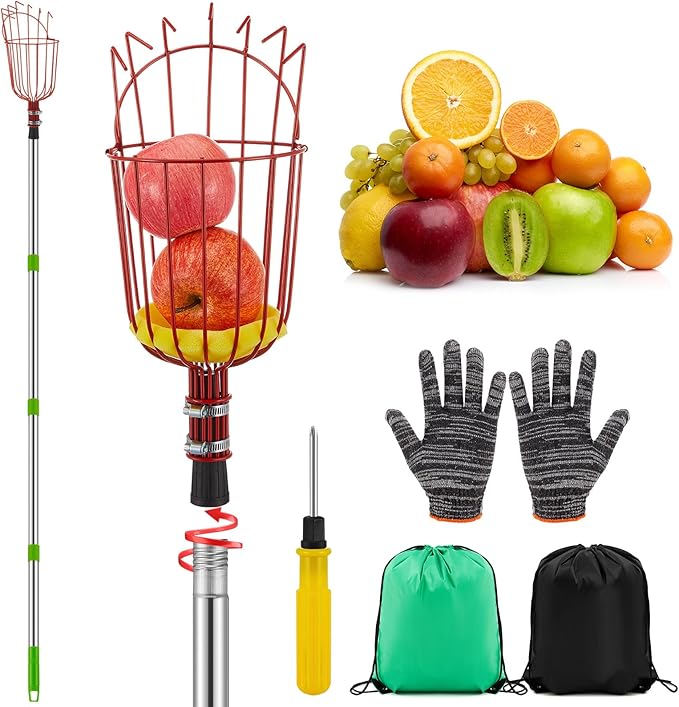 Colingmill 22.5ft Fruit Picker Pole with Basket, Telescoping Fruit Picking Tool with Soft Cushion, Extendable Harvester for High Trees, No Ladder Needed for Apple, Cherry, Orange, Citrus, Peach
