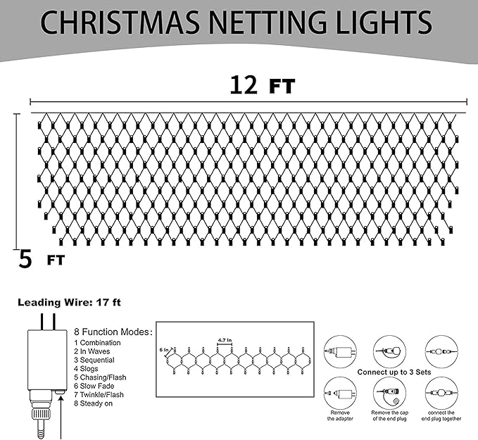 Dazzle Bright Christmas 360 LED Net Lights, 12FT x 5 FT Connectable Waterproof String Lights Clear Wire with 8 Modes, Christmas Decorations for Indoor Outdoor Xmas Party Yard Garden Decor (White)