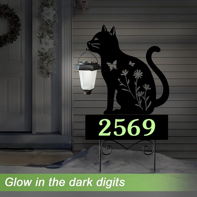 Solar Address Signs for Houses,Metal Cat House Number Outside Yard Stakes | Glow in The Dark Decorative Outdoor Ornaments for Garden,Lawn,Pathway,Patio