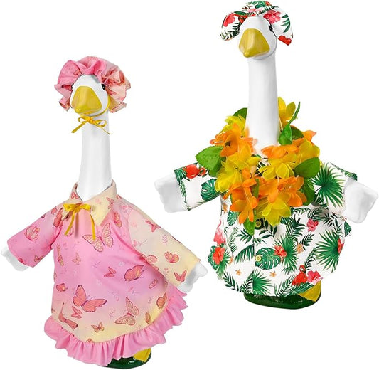2 Sets Seasonal Porch Goose Outfits for Spring&Summer,Butterfly&Hawaiian Porch Goose Clothes for 23" H Outdoor Yard Lawn Garden Decoration