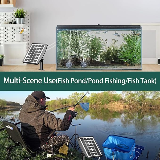 Solar Fish Tank Oxygen Pump, 2W Plug-in Aquarium Oxygenator, Fishing Oxygenator Air Pump with Piped Bubble Rock for Fish Tanks, Outdoor Ponds (Dual Head Rechargeable)