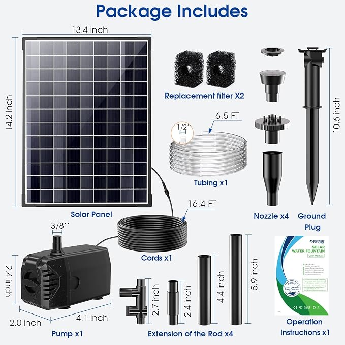 POPOSOAP Solar Pond Pump 25W, Solar Water Pump with Water Flow Adjustable, Solar Fountain with Water Shortage Protection &16.5Ft Cord & 6.56FT PVC Tubing for Ponds, Waterfall, Garden P125H
