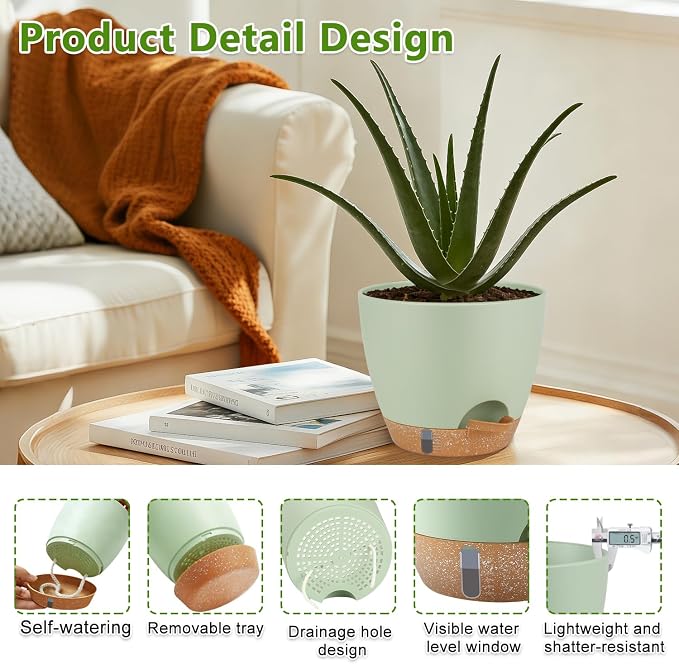 QRRICA Plant Pots 8/7/6.5/6/5.5/5 Inch Self Watering Pots, with Drainage Holes and Saucers,Water Level Indicator & Deep Reservoir,Large Plastic Planter for Indoor Out Door Plants (Green)